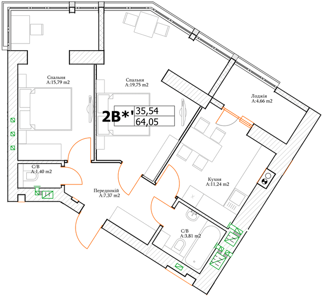 2-кімнатна 64.05 м² в ЖК Green Life-3 від 26 550 грн/м², м. Ірпінь