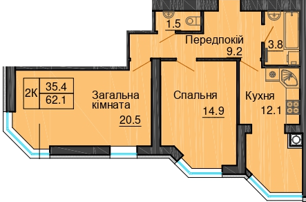 2-кімнатна 62.1 м² в ЖК Sofia Nova від 24 000 грн/м², с. Новосілки