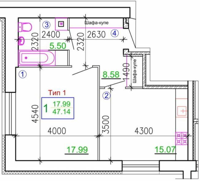 1-комнатная 47.14 м² в Мкрн Академический от 20 650 грн/м², Винница