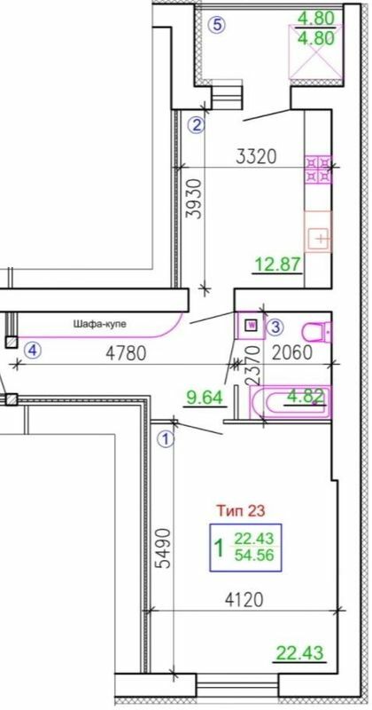 1-комнатная 54.56 м² в Мкрн Академический от 20 650 грн/м², Винница