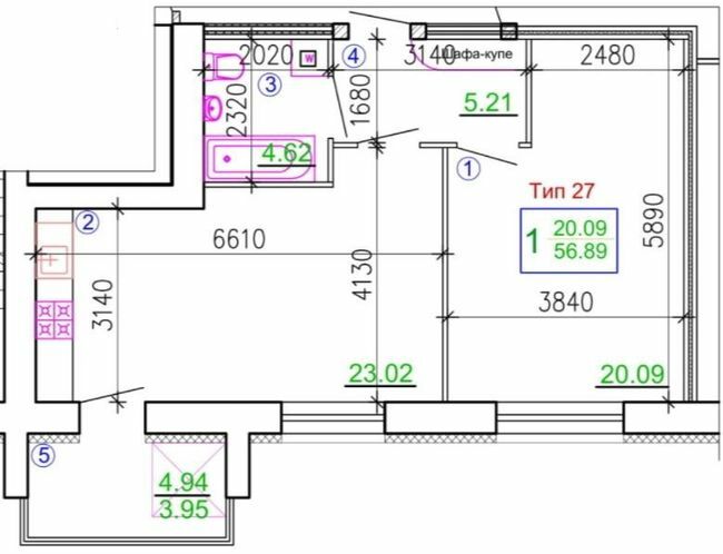 1-комнатная 56.89 м² в Мкрн Академический от 19 950 грн/м², Винница