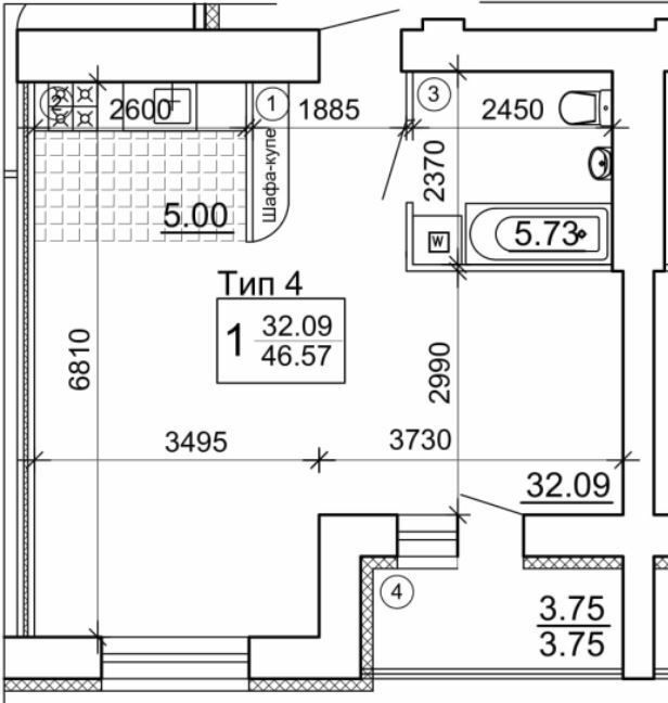 1-комнатная 46.57 м² в Мкрн Академический от 19 850 грн/м², Винница