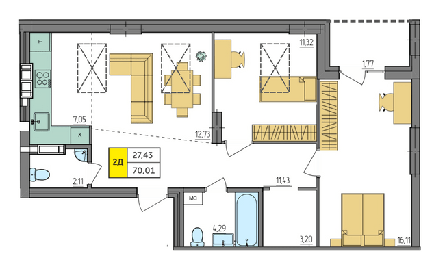 2-кімнатна 70.01 м² в ЖК Амстердам від 18 500 грн/м², с. Струмівка