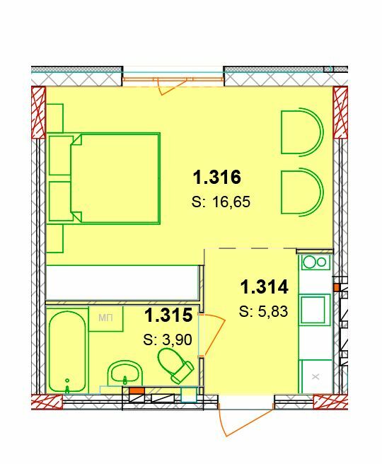 1-кімнатна 26.38 м² в ЖК Сонячний квартал від 57 850 грн/м², с. Голубине