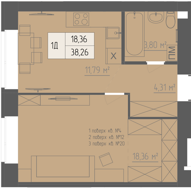 1-кімнатна 38.26 м² в ЖК Abricos від 16 450 грн/м², Рівне
