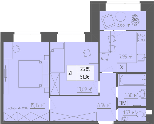 2-комнатная 51.36 м² в ЖК Abricos от 13 700 грн/м², Ровно