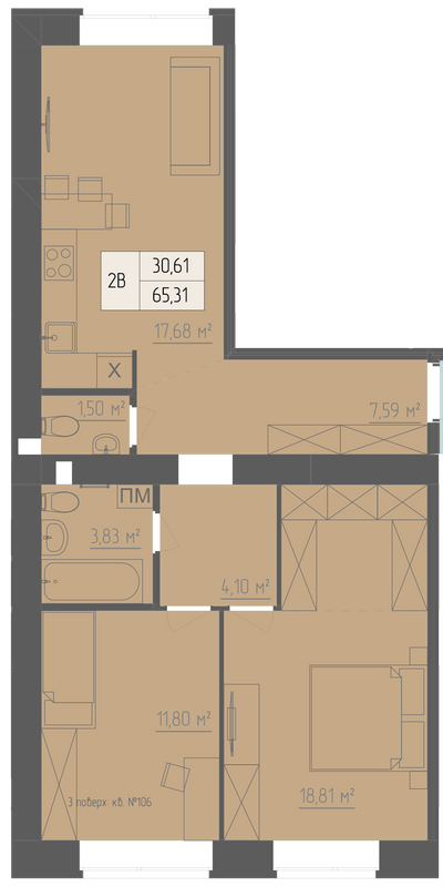 2-комнатная 65.31 м² в ЖК Abricos от 15 850 грн/м², Ровно