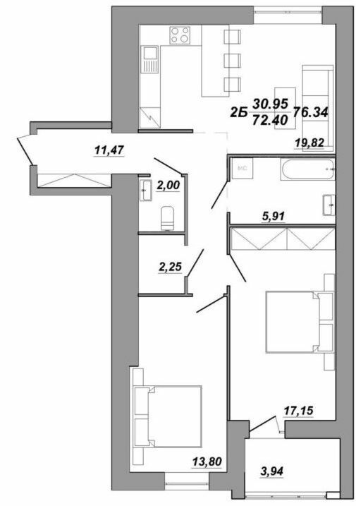 2-кімнатна 76.34 м² в ЖК Рідний Дім від 14 500 грн/м², Тернопіль