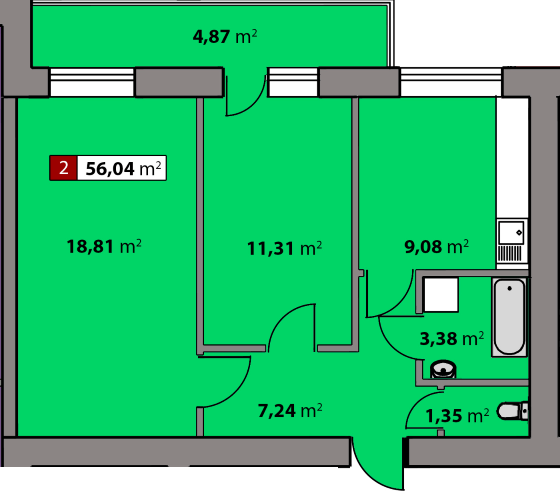 2-кімнатна 56.04 м² в ЖК Парковий квартал від 16 300 грн/м², Черкаси