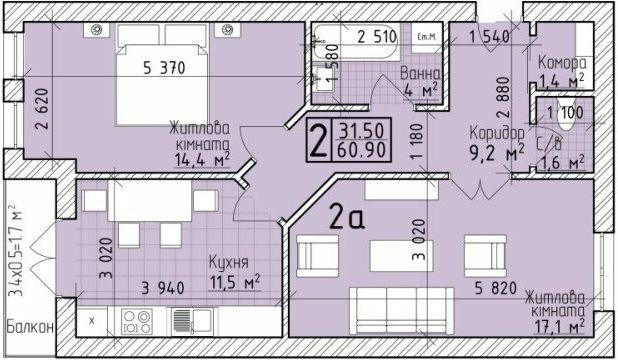 2-кімнатна 60.9 м² в ЖК VIVA-CHERNIVTSI від забудовника, Чернівці