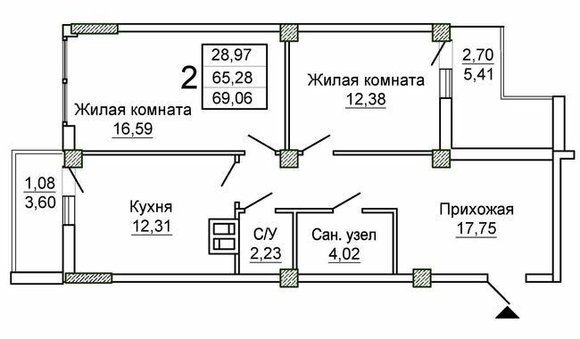 2-комнатная 69.06 м² в ЖК Слобожанский квартал-2 от 16 050 грн/м², Харьков