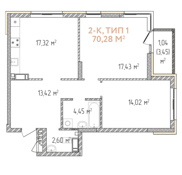 2-комнатная 70.28 м² в ЖК Krona Park II от 23 188 грн/м², г. Бровары