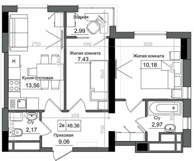 2-комнатная 48.36 м² в ЖГ ARTVILLE от 22 350 грн/м², пгт Авангард