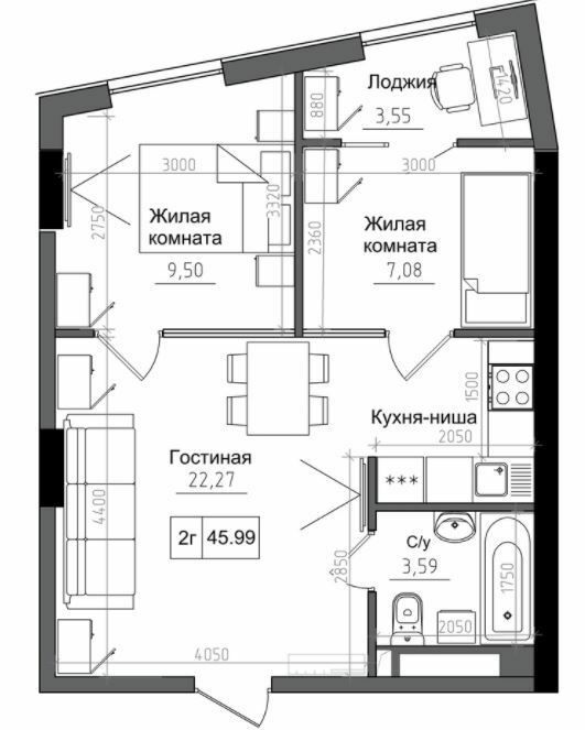 2-комнатная 45.99 м² в ЖГ ARTVILLE от 22 600 грн/м², пгт Авангард