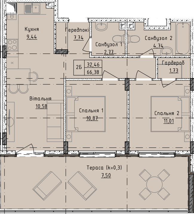 2-комнатная 66.38 м² в ЖК Приморские Сады от 20 500 грн/м², Одесса