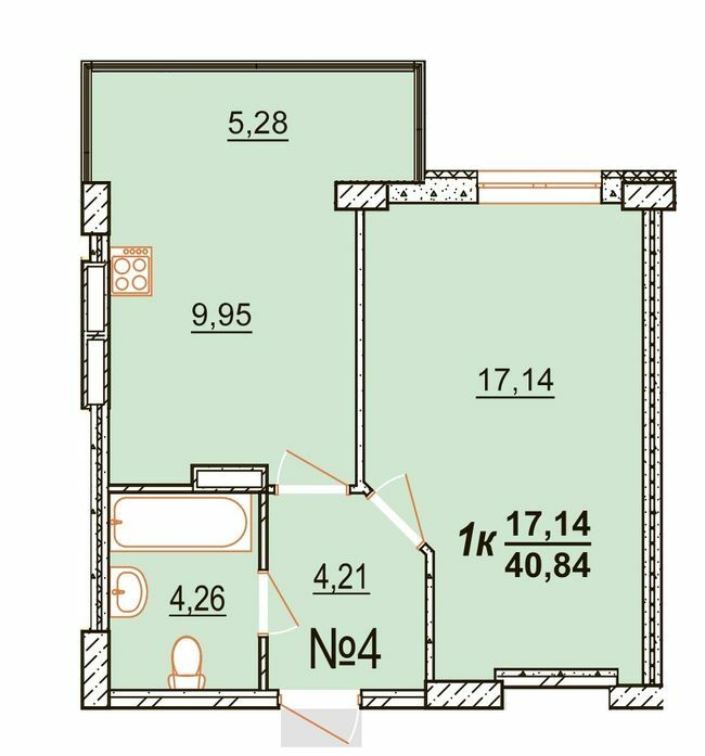 1-комнатная 40.84 м² в ЖК BRUSSELS от застройщика, с. Крыжановка