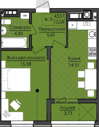 1-комнатная 43.57 м² в ЖК Deluxe-2 от застройщика, Львов