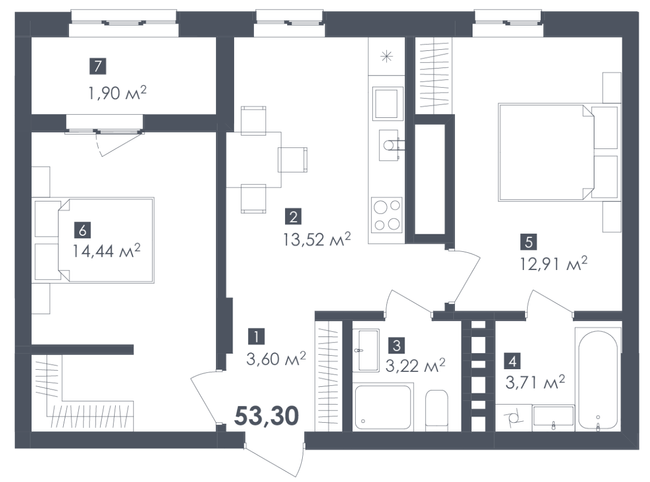 2-кімнатна 53.35 м² в ЖК Малоголосківські пагорби від 22 900 грн/м², Львів