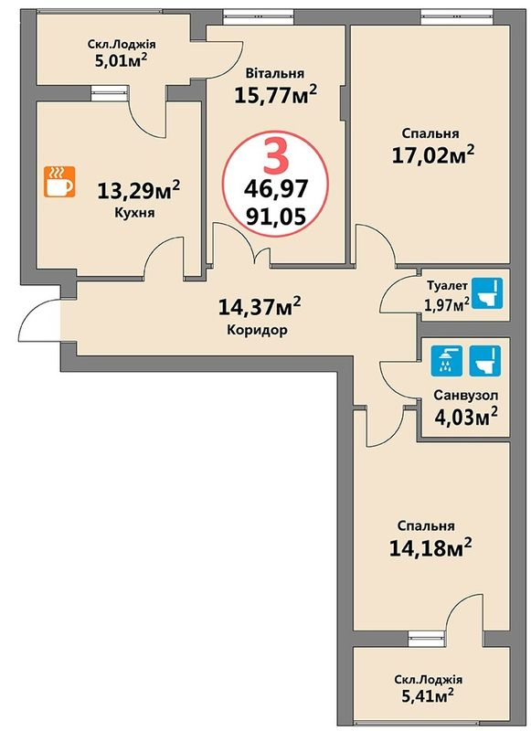 3-кімнатна 91.05 м² в ЖК Еко-дім на Козельницькій від 41 000 грн/м², Львів