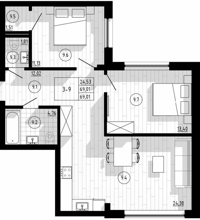 2-комнатная 69.01 м² в Апарт-комплекс COMPASS CENTER от 66 400 грн/м², Киев
