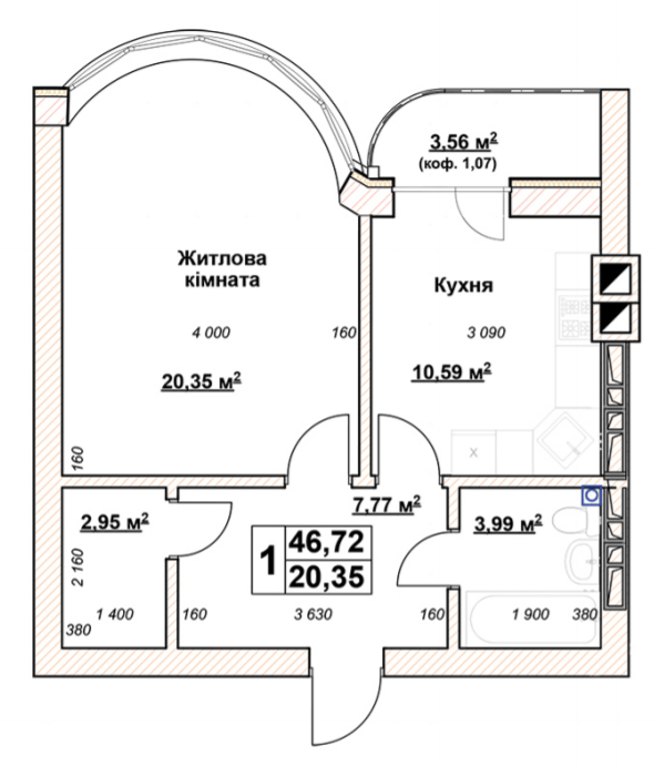 1-кімнатна 46.72 м² в ЖК Гранд Парк від 21 000 грн/м², м. Бровари