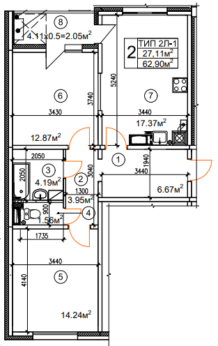 2-кімнатна 62.9 м² в ЖК Квартал Тарасівський від 16 750 грн/м², с. Тарасівка