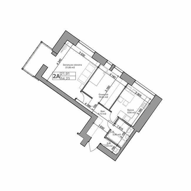 2-кімнатна 54.23 м² в ЖК Рідний від 25 550 грн/м², с. Гатне