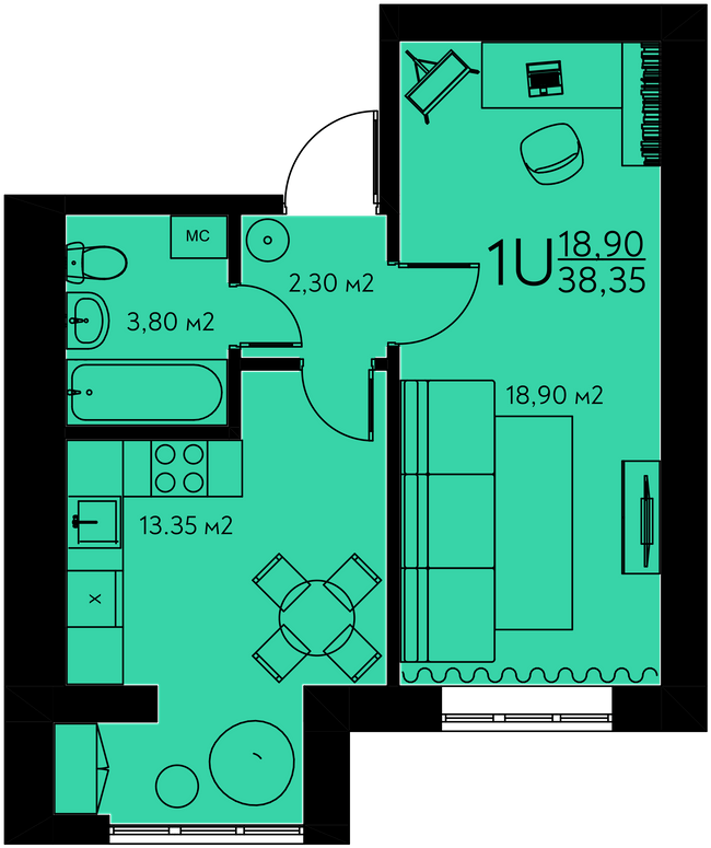 1-кімнатна 38.35 м² в ЖК Молодіжне містечко від 22 000 грн/м², с. Крюківщина