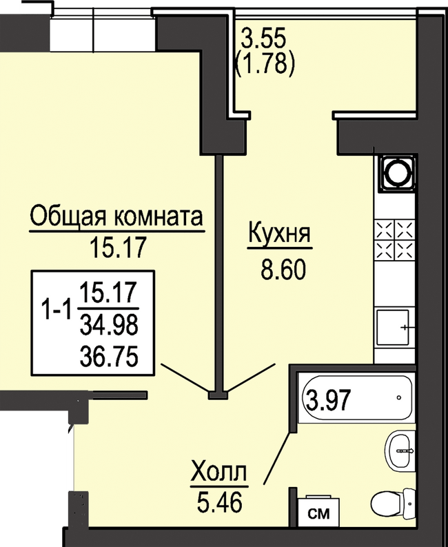 1-комнатная 36.75 м² в ЖК Софиевская сфера от 28 500 грн/м², с. Софиевская Борщаговка