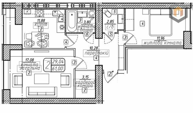 2-комнатная 61 м² в ЖК Западный от 21 000 грн/м², Винница