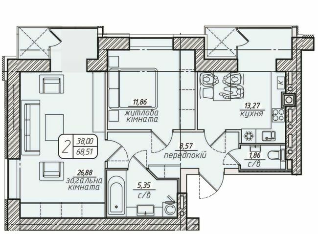 2-комнатная 68.51 м² в ЖК Западный от 18 500 грн/м², Винница