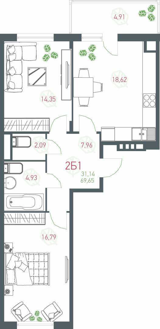 2-кімнатна 69.65 м² в ЖК Озерний гай (Гатне) від 24 600 грн/м², с. Гатне
