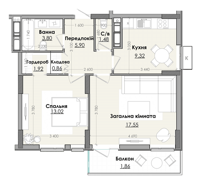 2-комнатная 55.71 м² в ЖК Millennium от 14 000 грн/м², г. Любомль