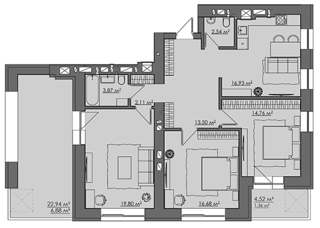 3-комнатная 98.43 м² в ЖК CENTRAL CITY Apartments от 24 450 грн/м², Ровно