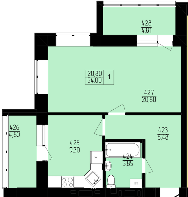 1-кімнатна 54 м² в ЖК Північна фортеця від 23 550 грн/м², Рівне