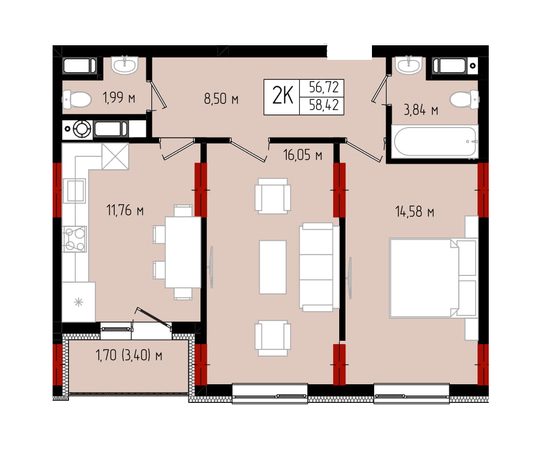 2-комнатная 58.42 м² в ЖК Квартал №5 от 17 500 грн/м², Ивано-Франковск