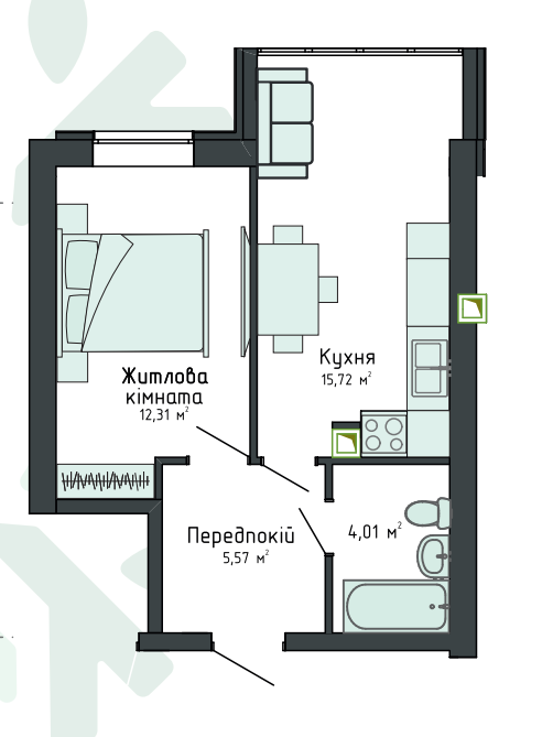 1-комнатная 36.91 м² в Клубная резиденция O`Club от 30 482 грн/м², с. Крюковщина