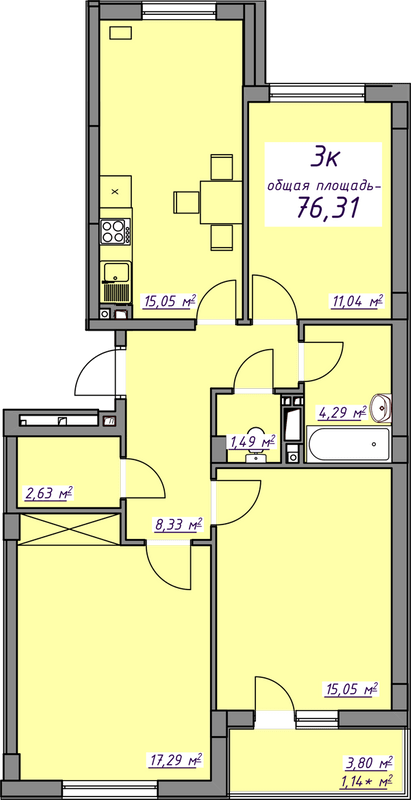 3-комнатная 76.31 м² в ЖМ Седьмое Небо от 20 300 грн/м², пгт Авангард