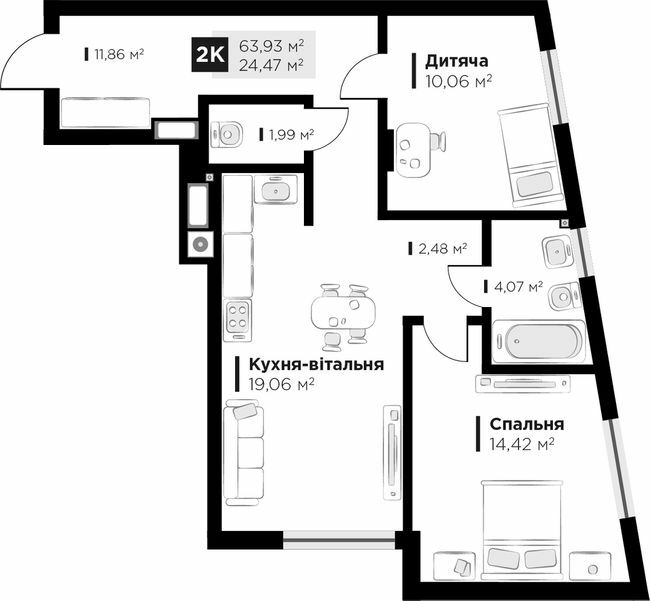 2-комнатная 63.93 м² в ЖК FEEL HOUSE от 28 300 грн/м², с. Сокольники