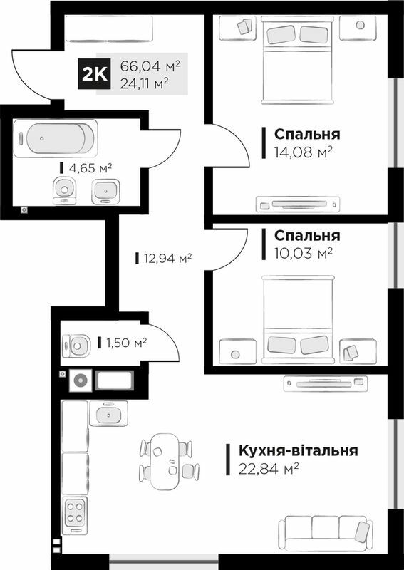 2-кімнатна 66.04 м² в ЖК FEEL HOUSE від 28 300 грн/м², с. Сокільники