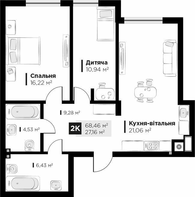 2-комнатная 68.46 м² в ЖК FEEL HOUSE от 28 300 грн/м², с. Сокольники