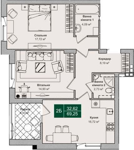 2-комнатная 69.25 м² в ЖК Forest Park от 28 000 грн/м², Киев