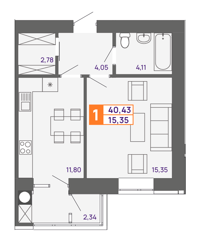 1-кімнатна 40.43 м² в ЖК Молодіжний від 15 600 грн/м², Хмельницький