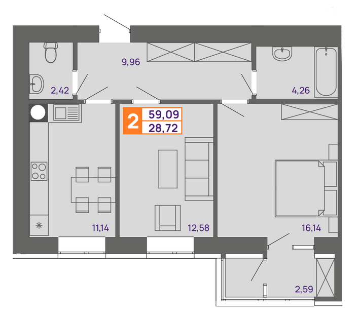 2-комнатная 59.09 м² в ЖК Молодежный от 15 000 грн/м², Хмельницкий