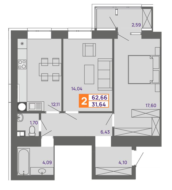 2-комнатная 62.66 м² в ЖК Молодежный от 15 000 грн/м², Хмельницкий