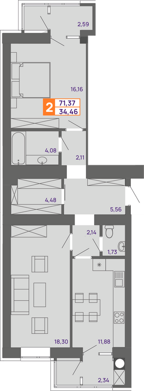 2-комнатная 71.37 м² в ЖК Молодежный от 15 000 грн/м², Хмельницкий