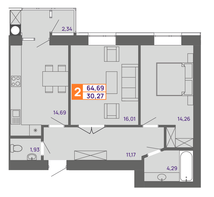 2-кімнатна 64.69 м² в ЖК Молодіжний від 15 000 грн/м², Хмельницький