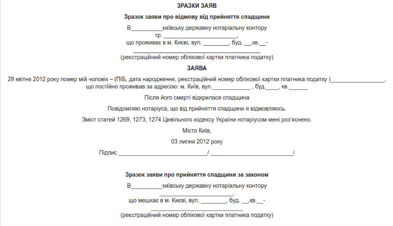 Заявление отказа от наследства образец