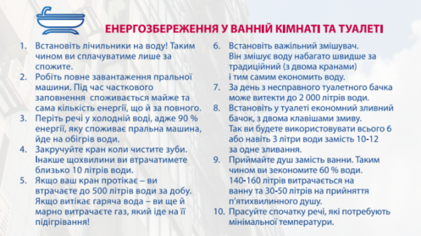 Топ-10 порад, як заощадити енергоресурси у ванній кімнаті: інфографіка