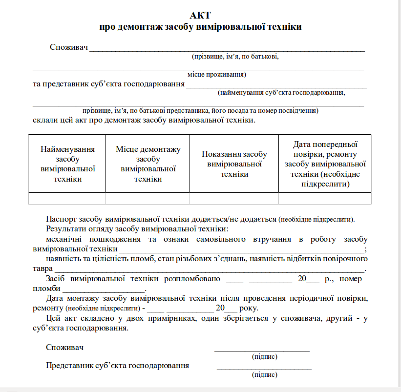 Акт демонтажа газового оборудования образец